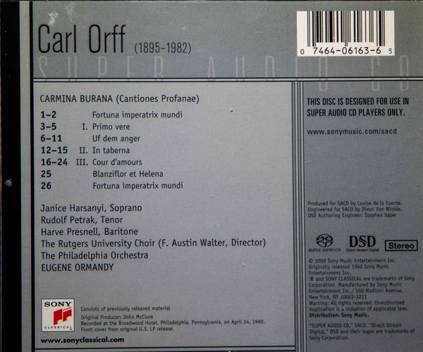 Carl Orff, Eugene Ormandy, Philadelphia Orchestra*, Janice Harsanyi, Rudolf Petrak, Harve Presnell, Rutgers University Choir*, F. Walter*-2